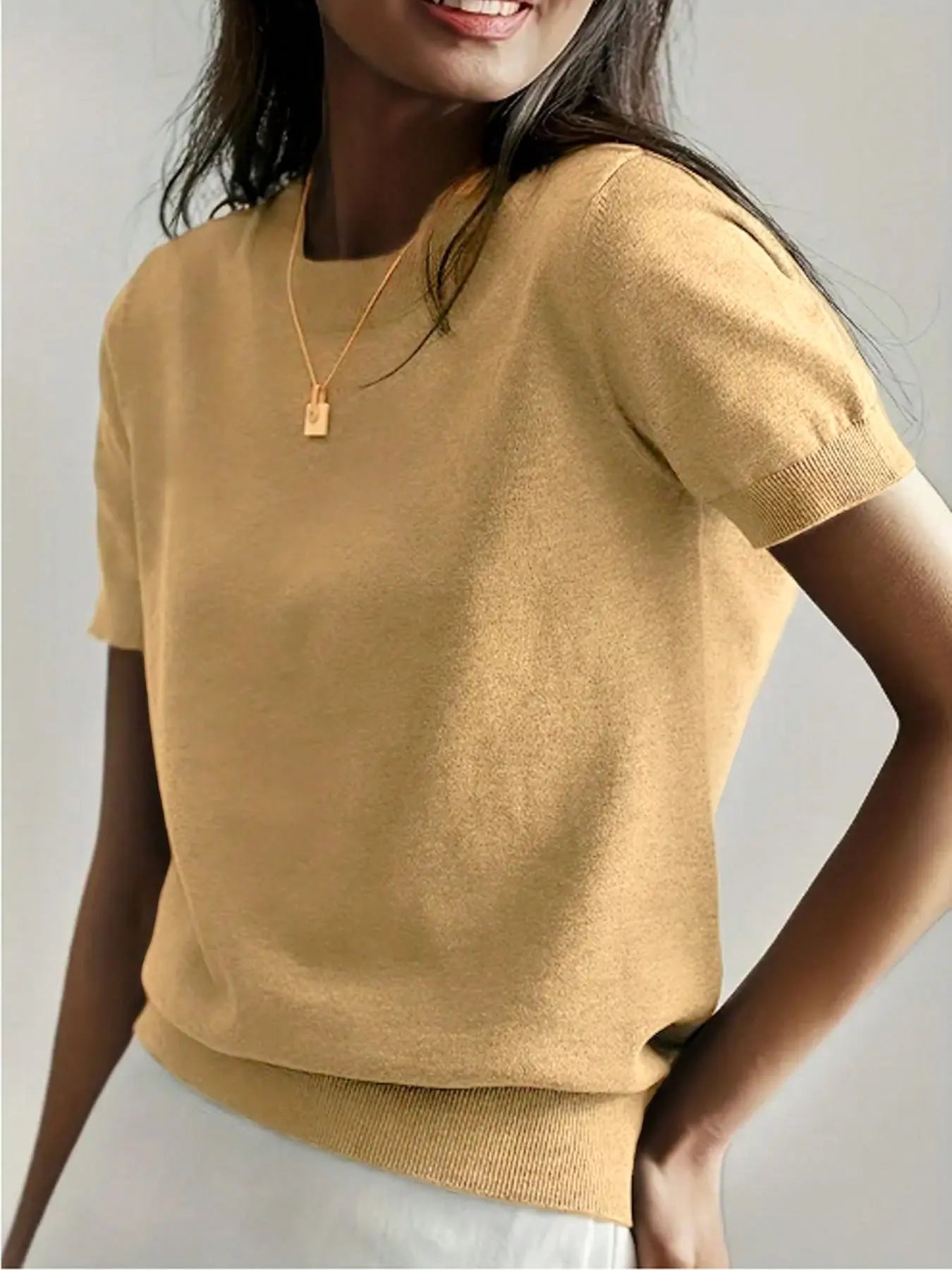 Women's Solid Color Crew Neck Short Sleeve Sweater, Casual Basic Knit Pullover for Spring & Fall, Fashion Women's Knitwear for Daily Wear, Womenswear