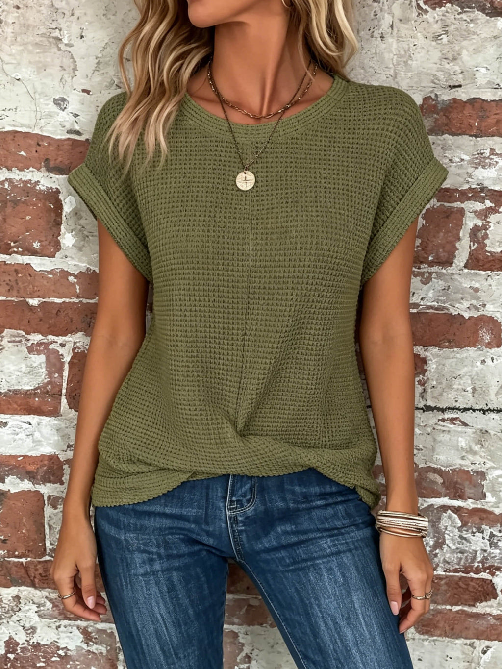 Women's fashionable casual loose round neck short sleeved top