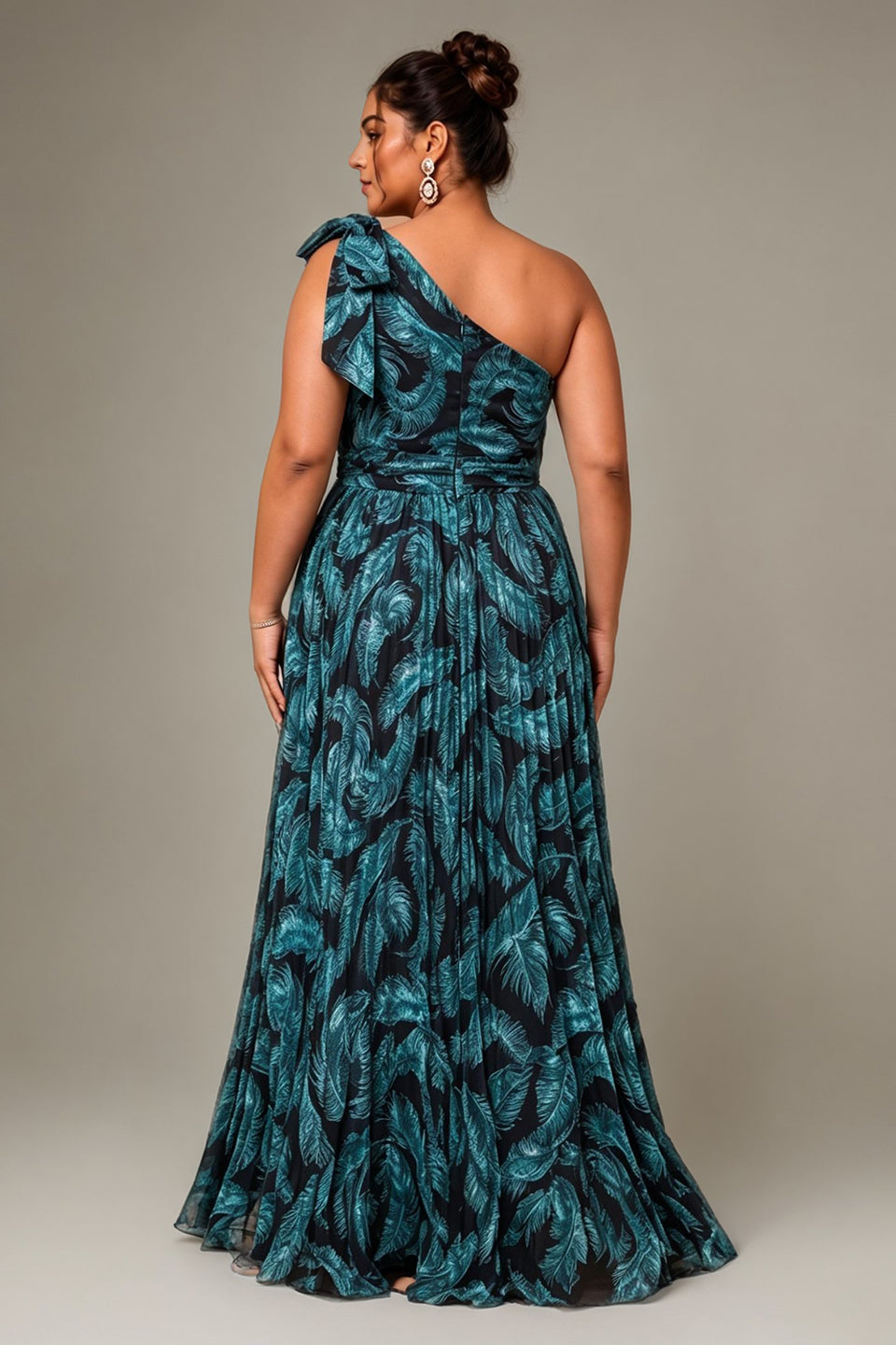 Curveins Plus Size One Shoulder Striped Cinched Waist Elegant Flowing Maxi Dress