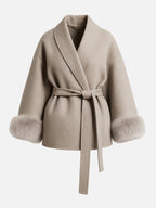 Women's Elegant Solid Color Waist Tie Plush Long Sleeve Thermal Wrap Coat