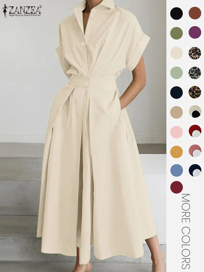 Women's Solid Color Collared Dress, Casual Short Sleeve  Dress for Summer, Ladies Clothes for Daily Wear