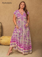 [Plus Size] Floral Print V-Neck Maxi Dress