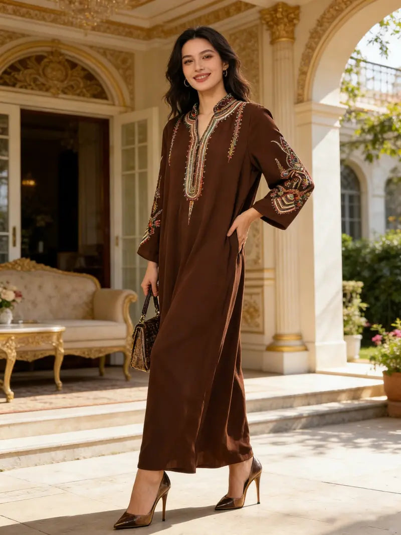 Elegant Muslim Women's Long Robe with Colorful Embroidery, Perfect for All Seasons, Stylish and Comfortable Clothing