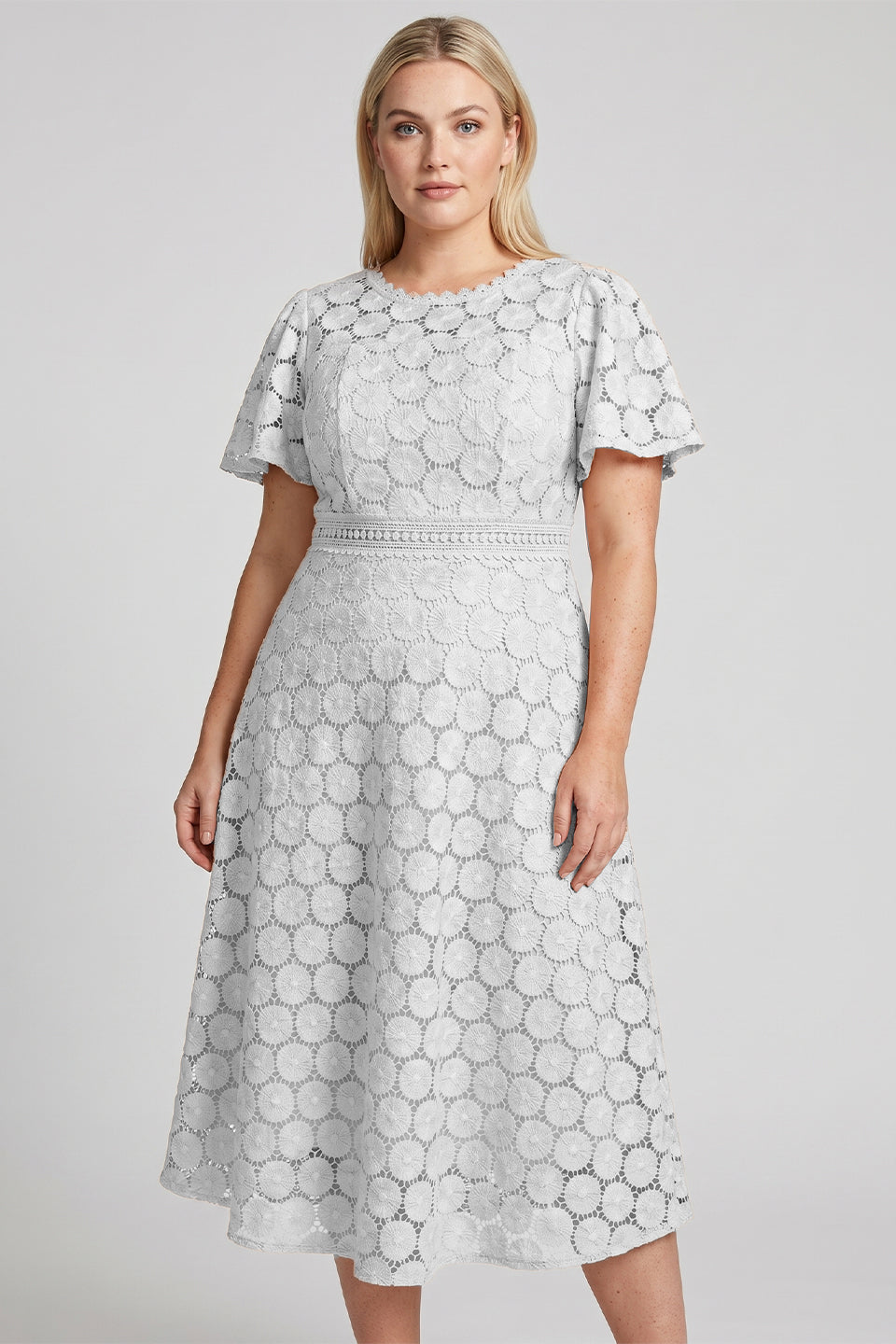 Curveins Plus Size Lace Hollow Detail Round Neck Short Sleeve Waist Defining Midi Dress