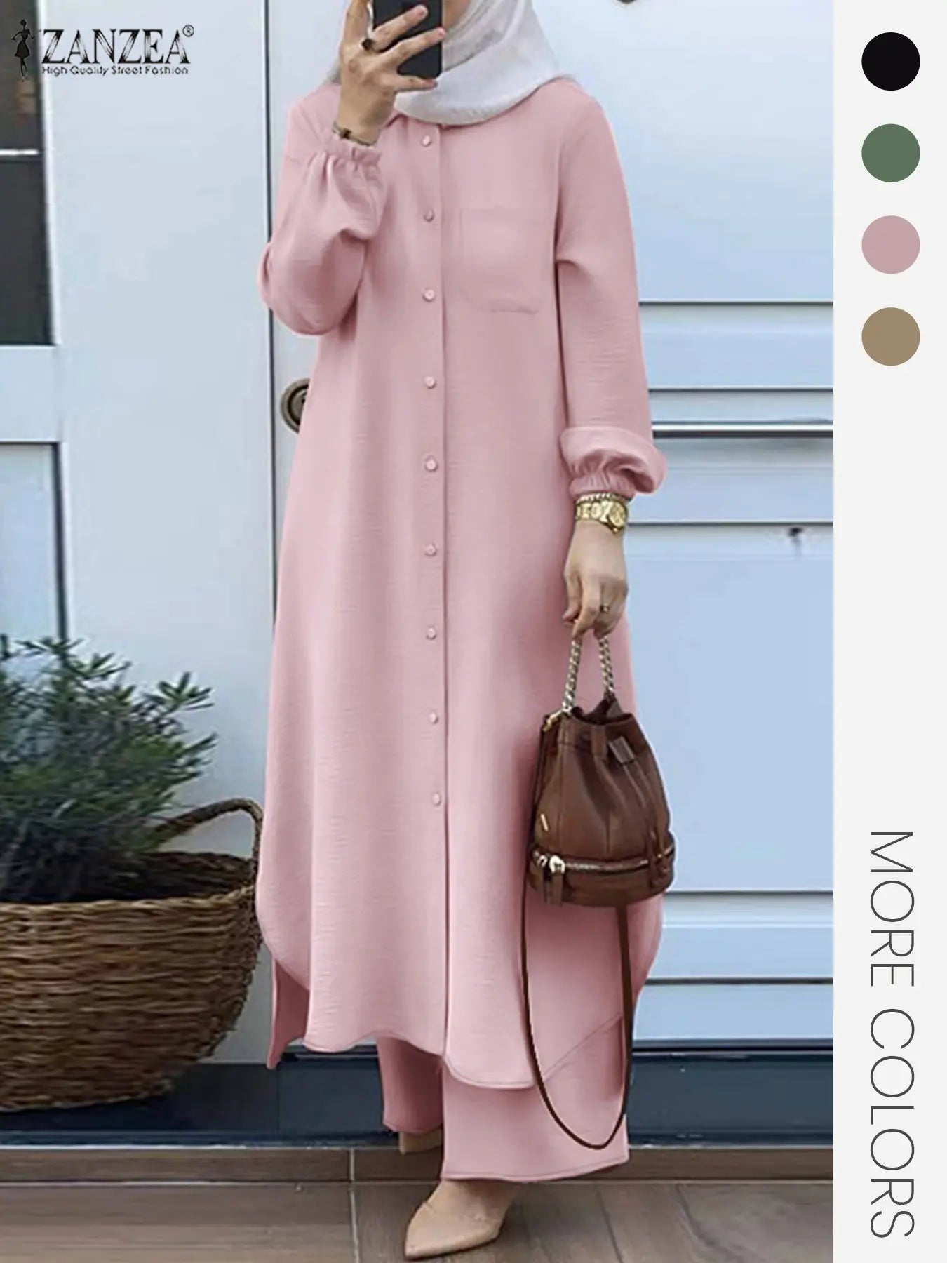 Two-Piece Set Women's Solid Color Asymmetrical Hem Button Front Longline Shirt & Wide Leg Pants, Casual Pocket Bishop Sleeve Collared Top & Elastic Waist Trousers for Fall & Winter, Women's Clothes for Daily Wear, Women's Outfit Sets