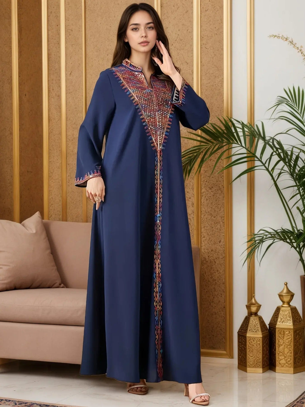Elegant Muslim Women's Long Robe with Colorful Embroidery, Perfect for All Seasons, Stylish and Comfortable Clothing, Muslim Women Gowns