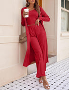 Women's 3 Piece Lounge Set Pajama Long Sleeve Cardigan Sleeveless Top Pants Sweatsuit