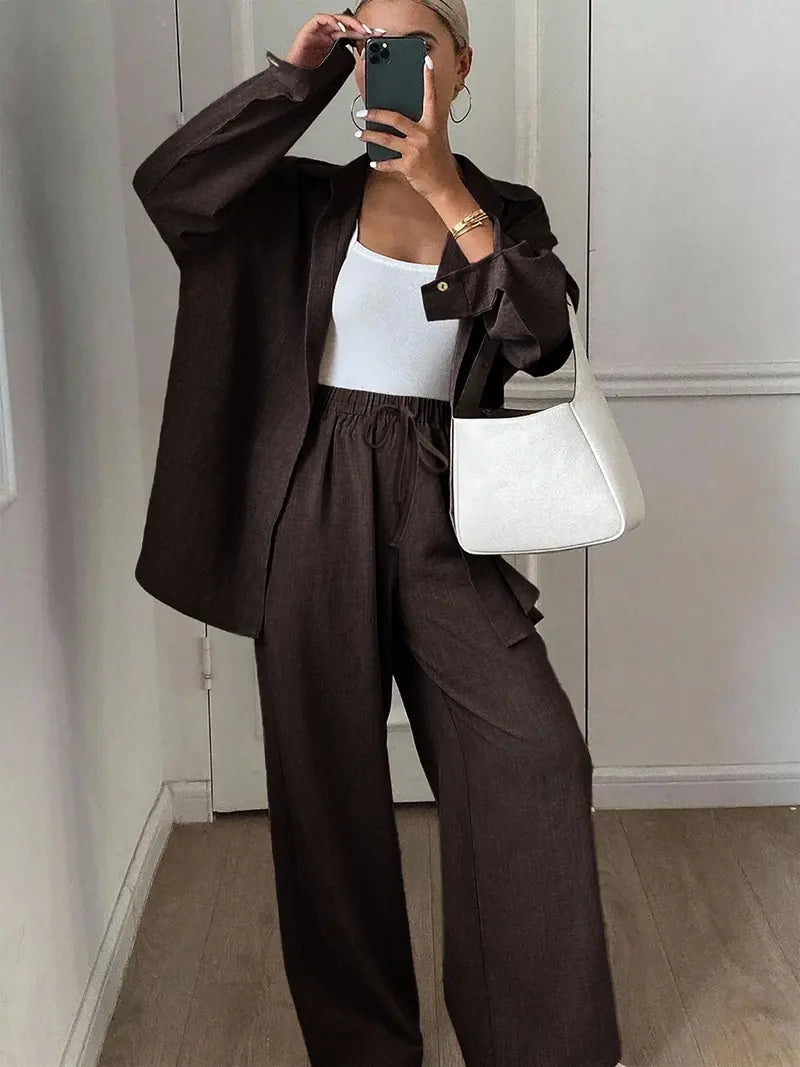 Women's Solid Button Front Shirt & Tie Front Wide Leg Pants Two-piece Set, Casual Drop Shoulder Long Sleeve Top & Trousers 2 Piece Set for Spring & Fall, Women's Clothes for Daily Wear, Casual Outfits Women