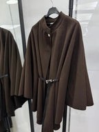 Women's Plain Front Buckle Belted Woolen Cape Coat