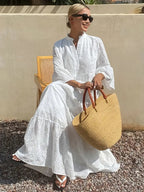 women's white fashionable French flared sleeve tunic dress with elegant French style