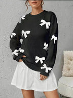 Fashion Bow Print Casual Basic Loose Knitted Sweater Pullover Autumn/Winter Women Pullovers New O-Neck Full Sleeve Knit Sweater
