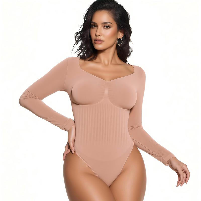 Women’s Seamless Shaping Bodysuit – Long Sleeve V-Neck Slim Fit Shapewear, Lightweight Sculpting Body Top, Perfect for Layering & Everyday Wear Light compression