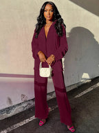 Women's Solid Button Front Shirt & Elastic Waist Pants Two-piece Set