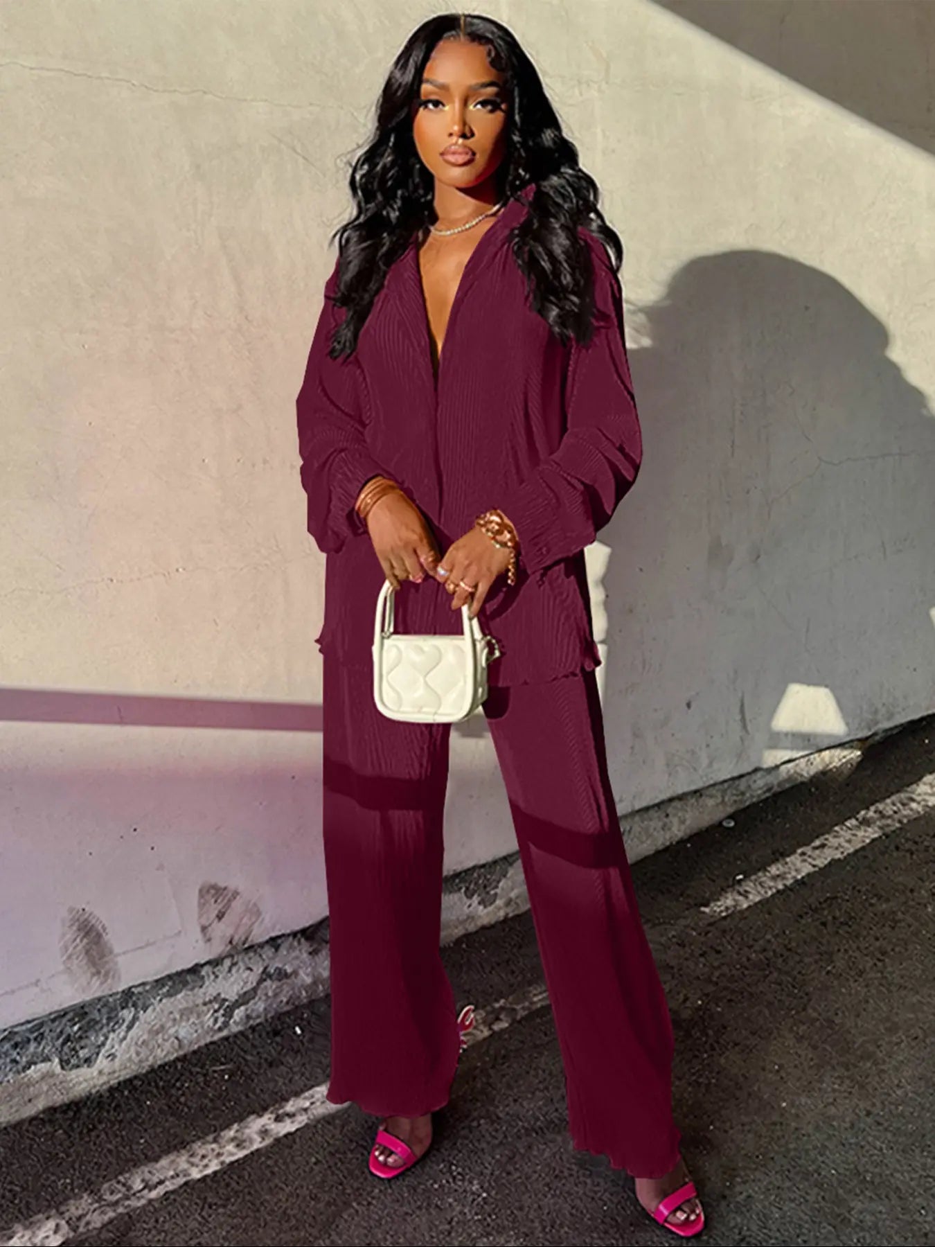 Women's Solid Button Front Shirt & Elastic Waist Pants Two-piece Set