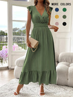 Women's Plain Shirred V Neck Dress, Elegant Fashion Casual Long Dress for Daily Outdoor Wear, Women's Dress for Summer