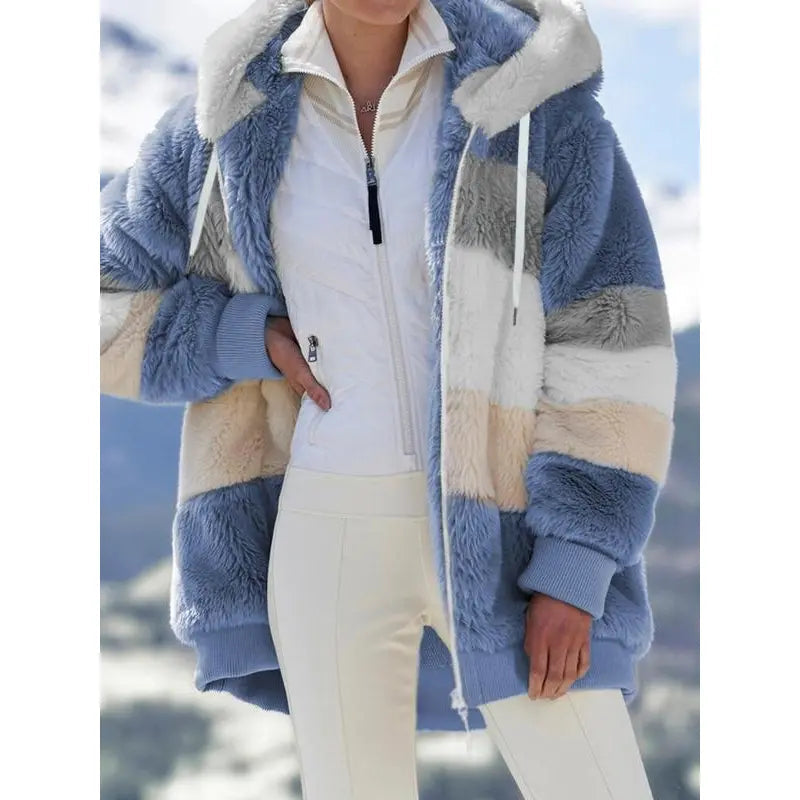 Women's Colorblock Drop Shoulder Hooded Polar Fleece Coat, Fashion Casual Long Sleeve Zip Up Warm Outerwear For Daily Outdoor Wear, Women's Clothing