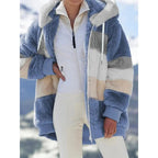 Women's Colorblock Drop Shoulder Hooded Polar Fleece Coat, Fashion Casual Long Sleeve Zip Up Warm Outerwear For Daily Outdoor Wear, Women's Clothing