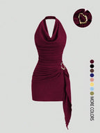 Women's Fashion Solid Color Ruched Halter Dress