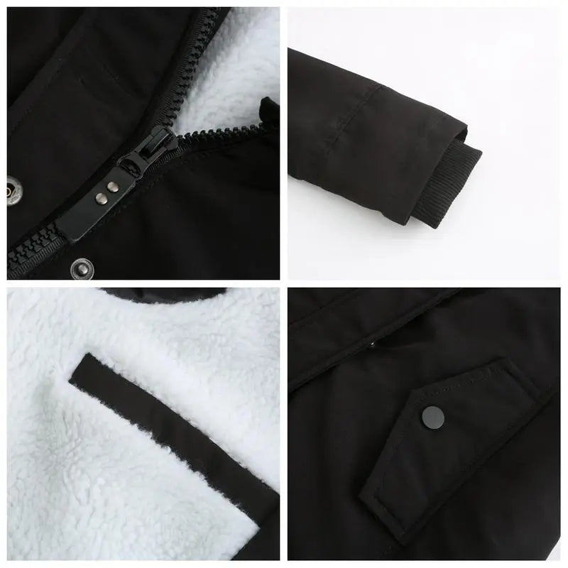 Winter Thickened Cotton Parka with Fleece Lining Hooded Warm Coat Mid-Length Women's Fitted Long Sleeve Outerwear Black Imitation Fur Tops for Casual Basic Minimalist Womenswear Elegance Style - Jackets