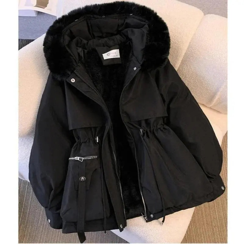 FauxFurMid-LengthHoodedDrawstringParka,WinterWarmThickenedLadiesPufferJackets,FleeceLinedWinterCoatforWomen