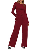 Women's Solid Ruched Drawstring Loungewear Set, Casual Long Sleeve Round Neck Top & Pocket Wide Leg Trousers, Ladies Sleepwear for All Seasons
