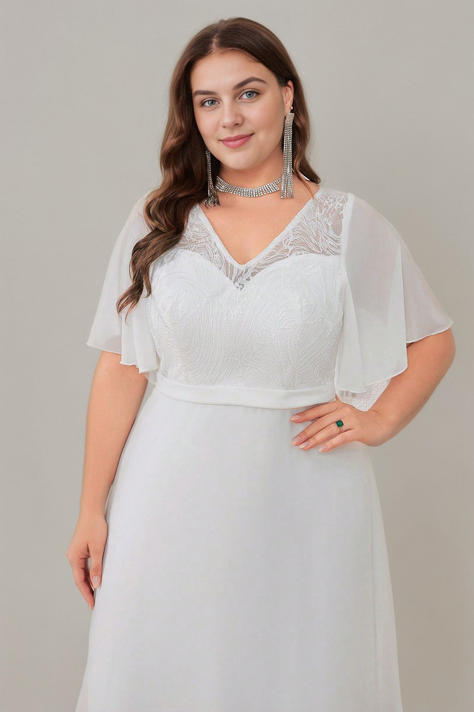 Curveins Plus Size Flowy Chiffon V-Neck  Formal Maxi Dress