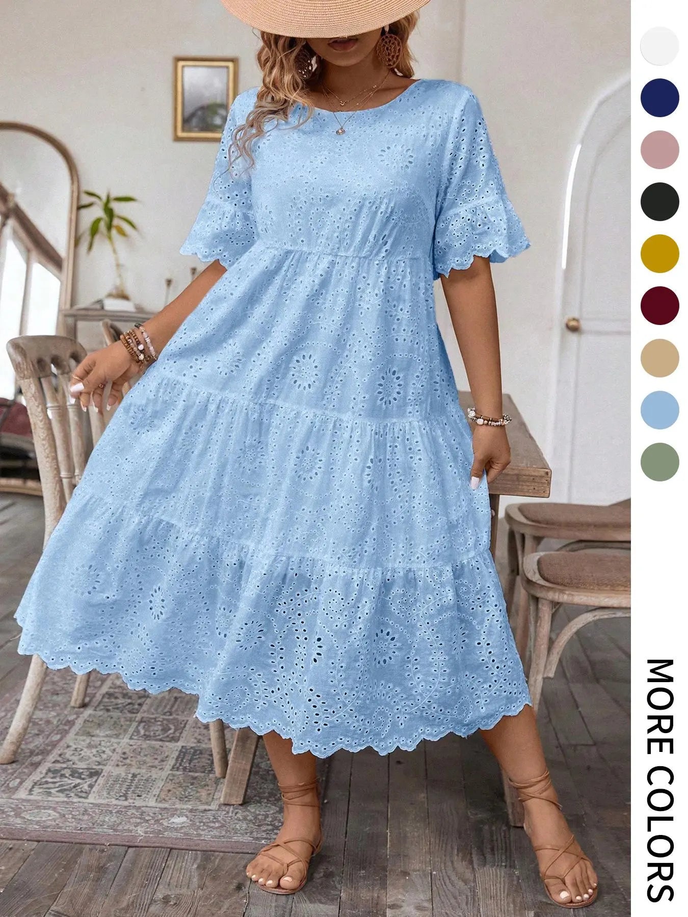 【Plus Size】 Solid Eyelet Embroidery Dress, Boho-Style Round-Neck Dress for Vacation and Everyday Wear – Women's Summer Clothing
