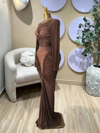 Women's Long Sleeve Patchwork Pleated Tiered Tie Smoked Formal Prom Dress