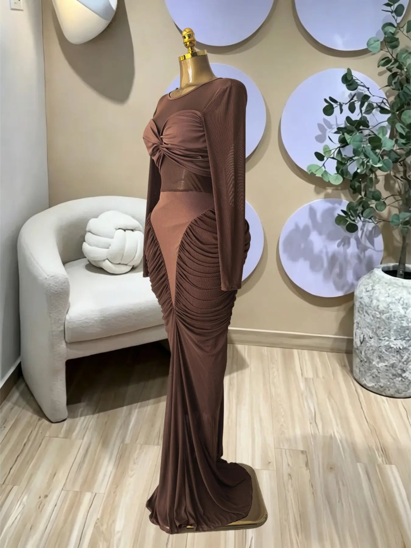 Women's Long Sleeve Patchwork Pleated Tiered Tie Smoked Formal Prom Dress