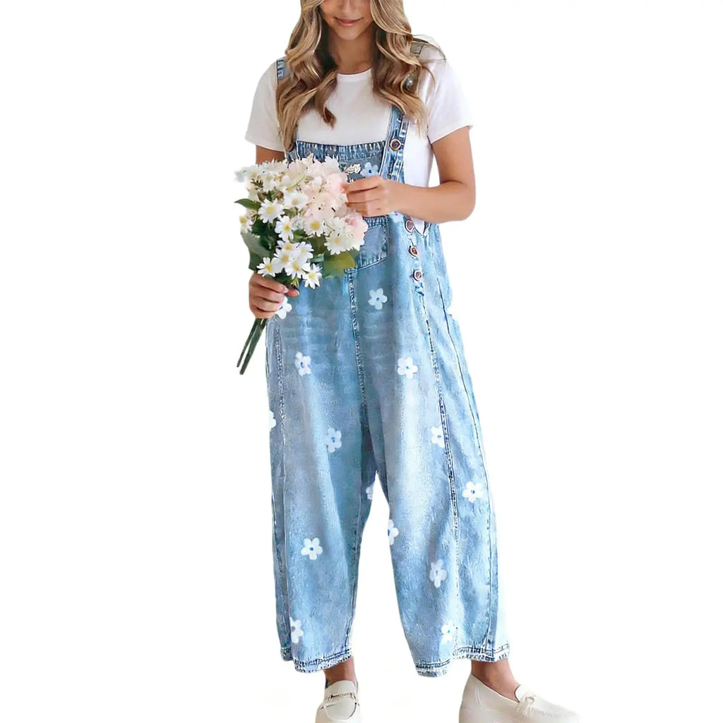 Women's Bib Overalls, Cute Floral Print Denim Jumpsuit with Baggy Wide Leg and Adjustable Straps