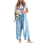 Women's Bib Overalls, Cute Floral Print Denim Jumpsuit with Baggy Wide Leg and Adjustable Straps