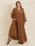 【Plus Size】 Plain V-Neck Long Sleeve Maxi Dress, Boho Modest Dress for Daily Holiday Vacation Wear, Women's Plus-Size Clothing for All Seasons