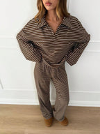 Women's 2pcs Set Loose Striped V-Neck Drop Shoulder Long Sleeve T-Shirt &Elastic Waist Striped Pants