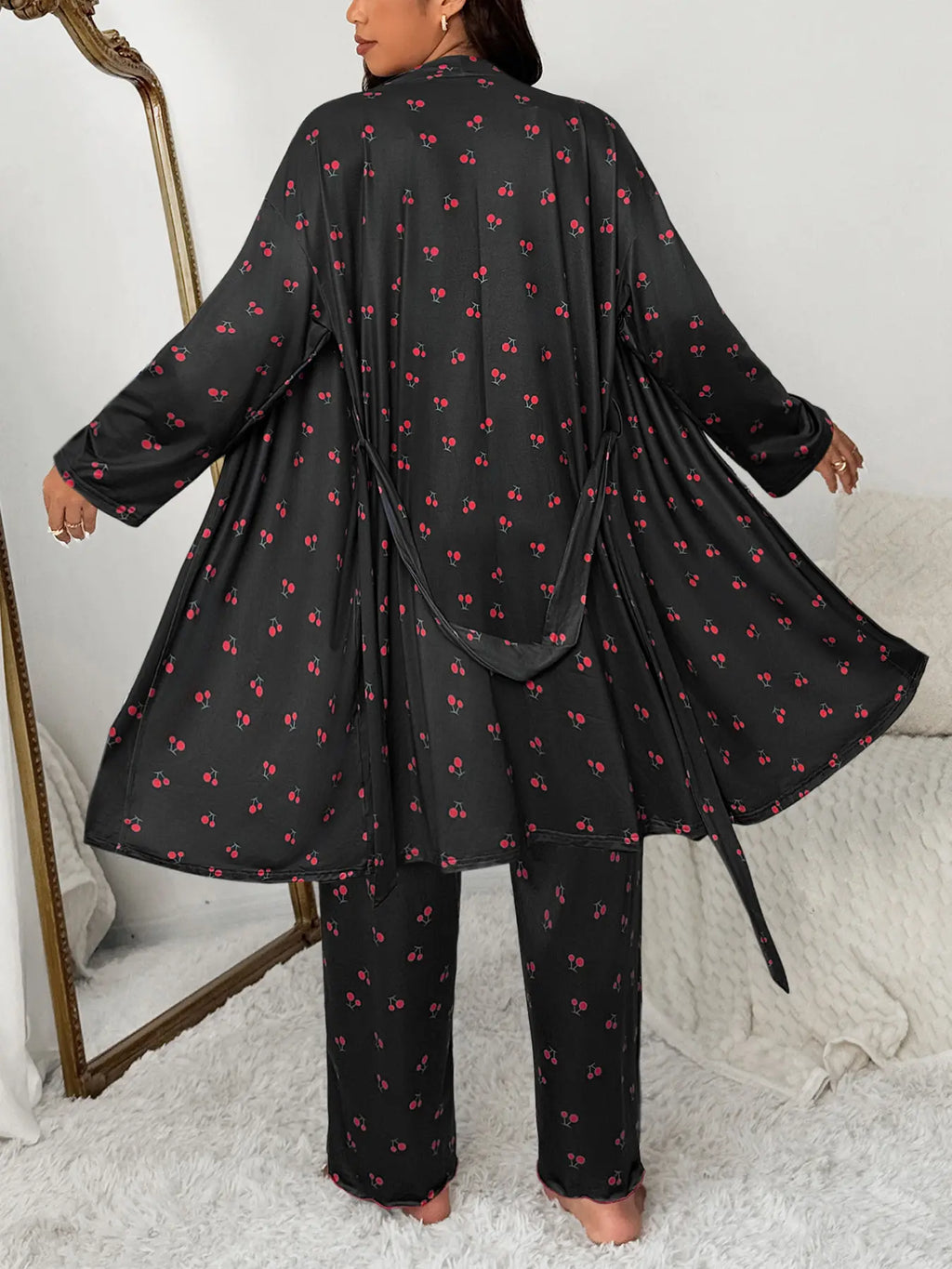 Plus Size Cherry Print Women's Sweet Comfortable Belted Robe & Sleeveless Long Pants & Cami Set