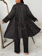 Plus Size Cherry Print Women's Sweet Comfortable Belted Robe & Sleeveless Long Pants & Cami Set