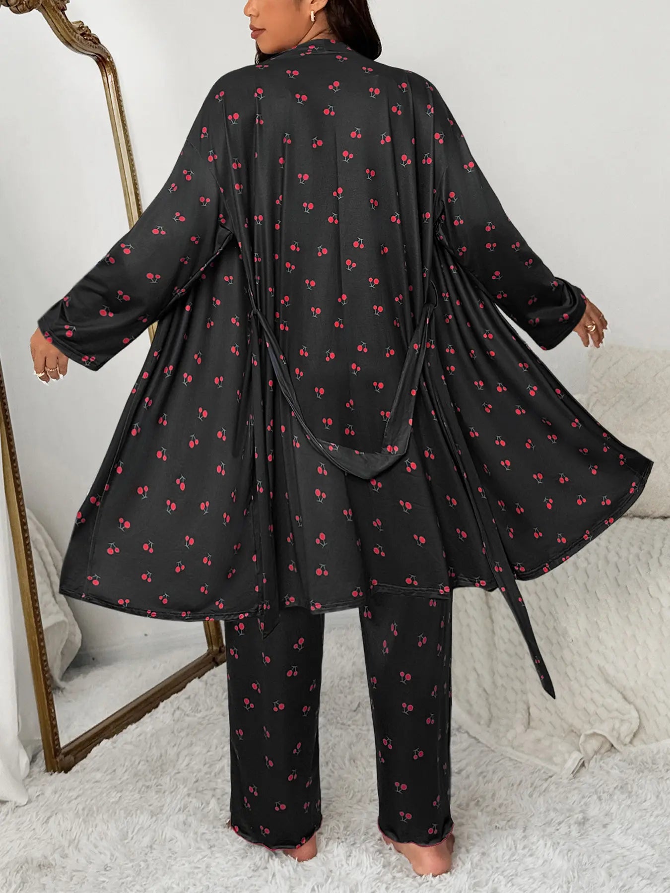 Plus Size Cherry Print Women's Sweet Comfortable Belted Robe & Sleeveless Long Pants & Cami Set