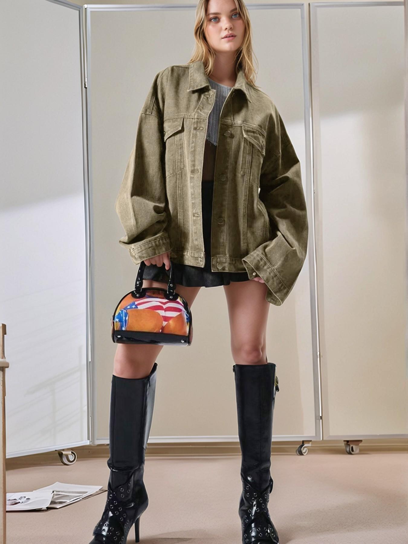 Women's Plain Basic Button-Front Drop-Shoulder Fitted Denim Jacket Coats
