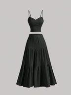 Women's Solid Woven Crop Cami Top & Pleated A-line Skirt Two-piece Set