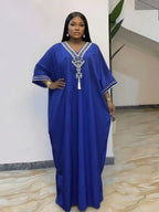 Women's Summer Solid Color Embroidered Fringe Caftan Casual Wear Dress with Pockets and Side Slit