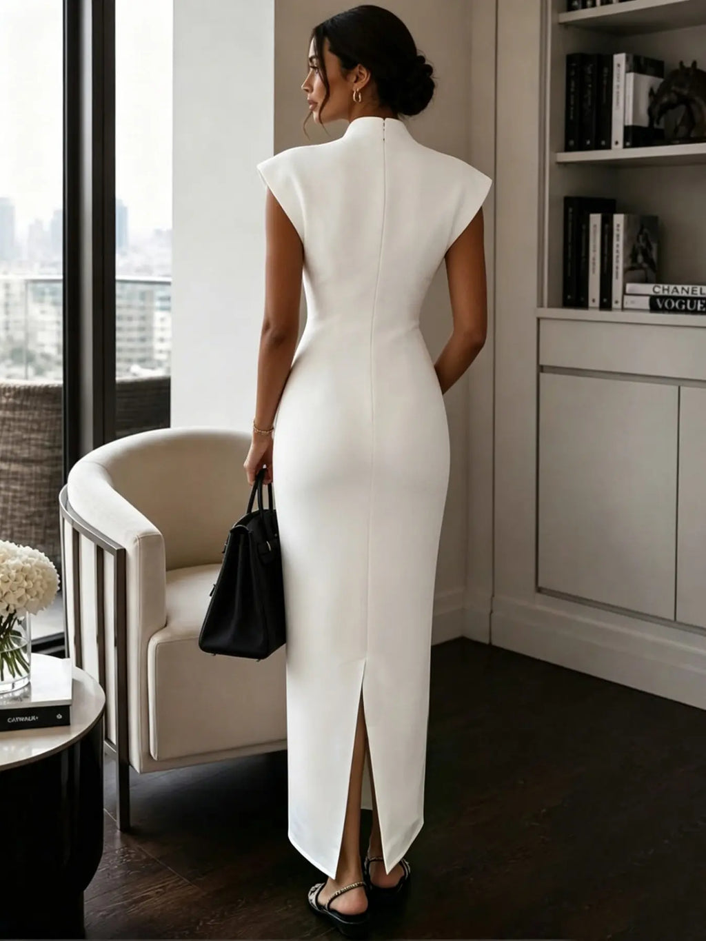 New Stand Collar V Neck Sleeveless High Waist Bodycon Dress