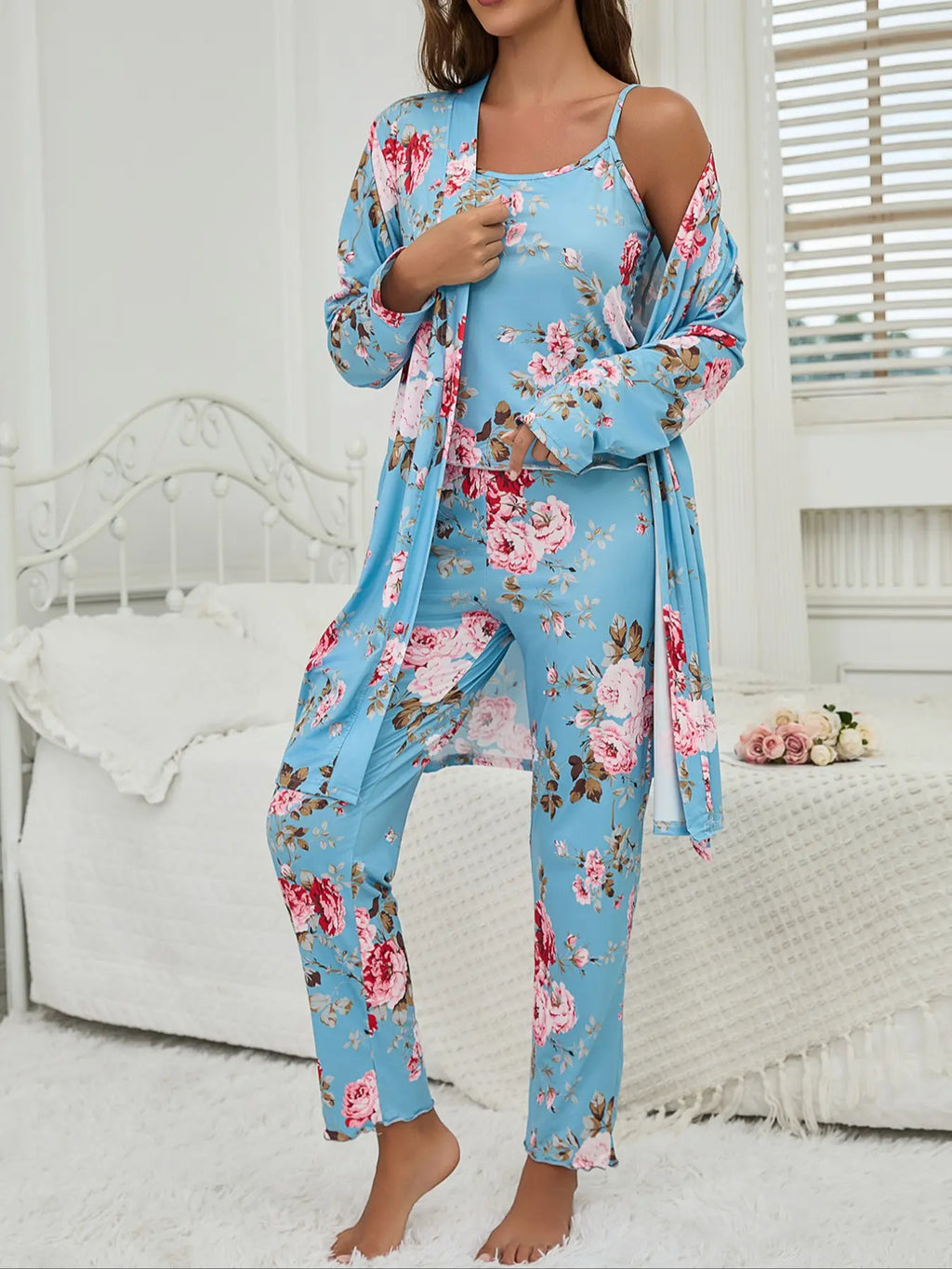Women's All Over Floral Print Pajama Set, Long Sleeve Open Front Outwear & Pants & Cami Top