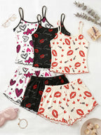 3-Piece Combo,Cherry Print Halter Short Pajamas Set