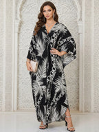 Women's Leopard Print Batwing Sleeve Split Hem Kaftan Dress, Casual Modest Style V-Neck 3/4 Sleeve Long Dress for Fall & Winter, Women's Islamic Clothing for Daily Wear