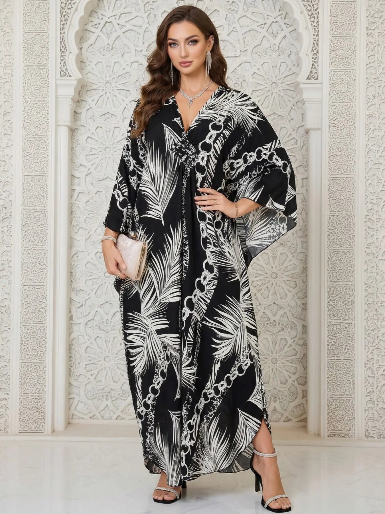 Women's Leopard Print Batwing Sleeve Split Hem Kaftan Dress, Casual Modest Style V-Neck 3/4 Sleeve Long Dress for Fall & Winter, Women's Islamic Clothing for Daily Wear