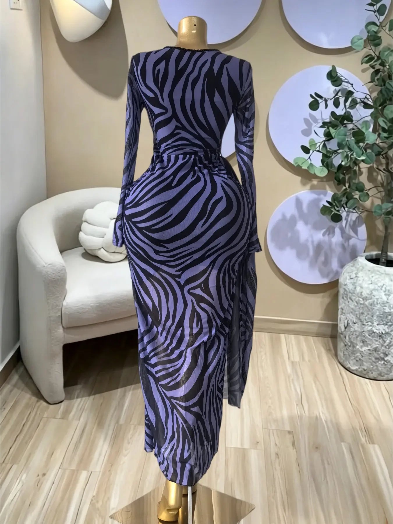 Elegant Women's Striped Pleated Long Sleeve Bodycon Maxi Prom Dress