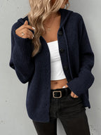 Women's Knitted Hooded Button Front Cardigan With Pocket