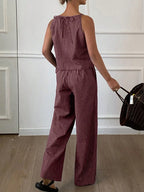 Two-Piece Women's Casual Summer Striped Lightweight Spaghetti Strap Sleeveless Top & Loose Long Pants Outfit Set, Comfortable Stylish Set