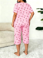 Plus-Size Women's Cherry Print Round Neck Short Sleeve Top and Capri Pants Set