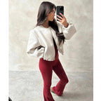 Women's Bomber Jacket Ladies Long Balloon Puff Sleeve Zipper Jacket Top Long Sleeve Cropped