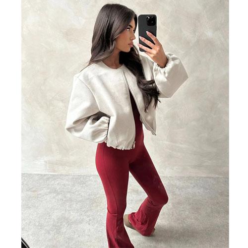 Women's Bomber Jacket Ladies Long Balloon Puff Sleeve Zipper Jacket Top Long Sleeve Cropped